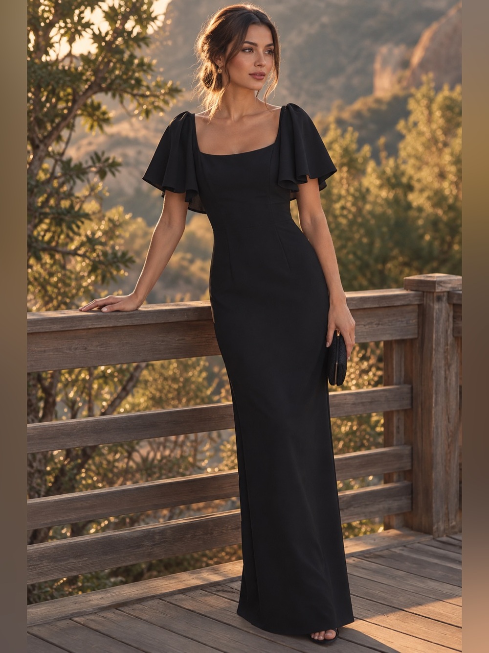 Mac Duggal Black Crepe Fitted Long Dress Ruffle Sleeve 20962 NWT Size 4